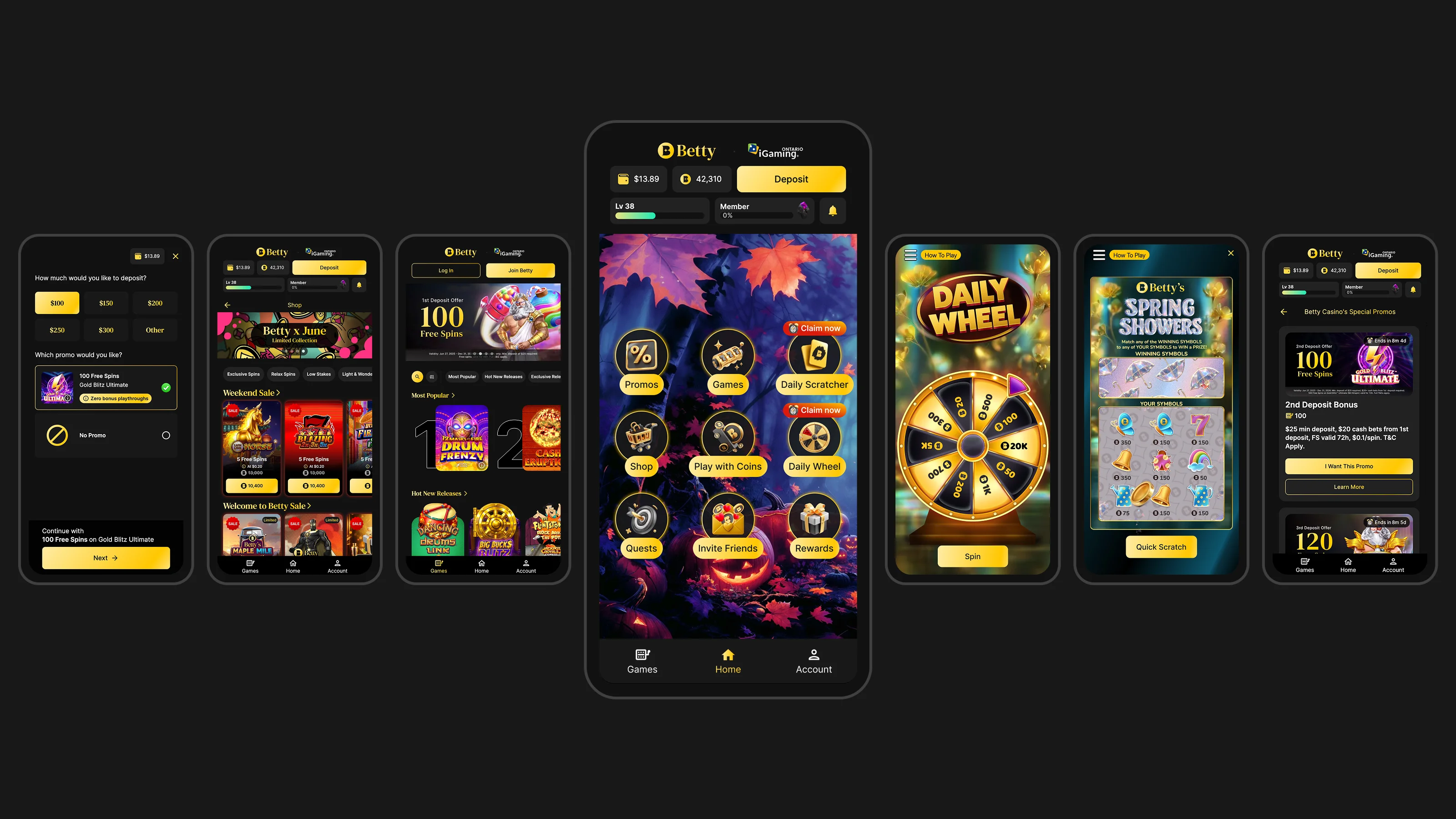 Betty product — lobby, game room, onboarding flow