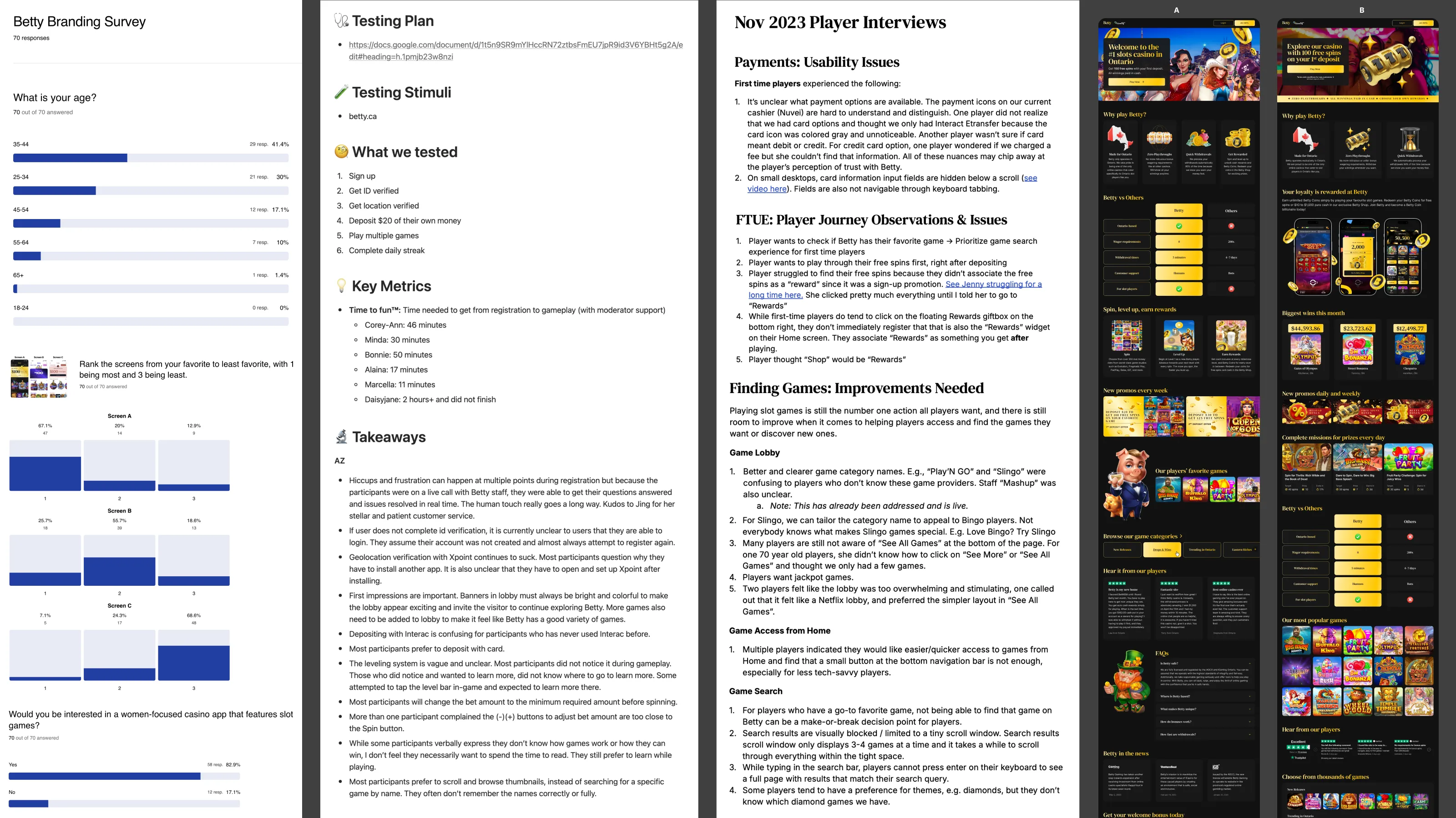Betty validation: user surveys, player interviews, and acquisition A/B testing