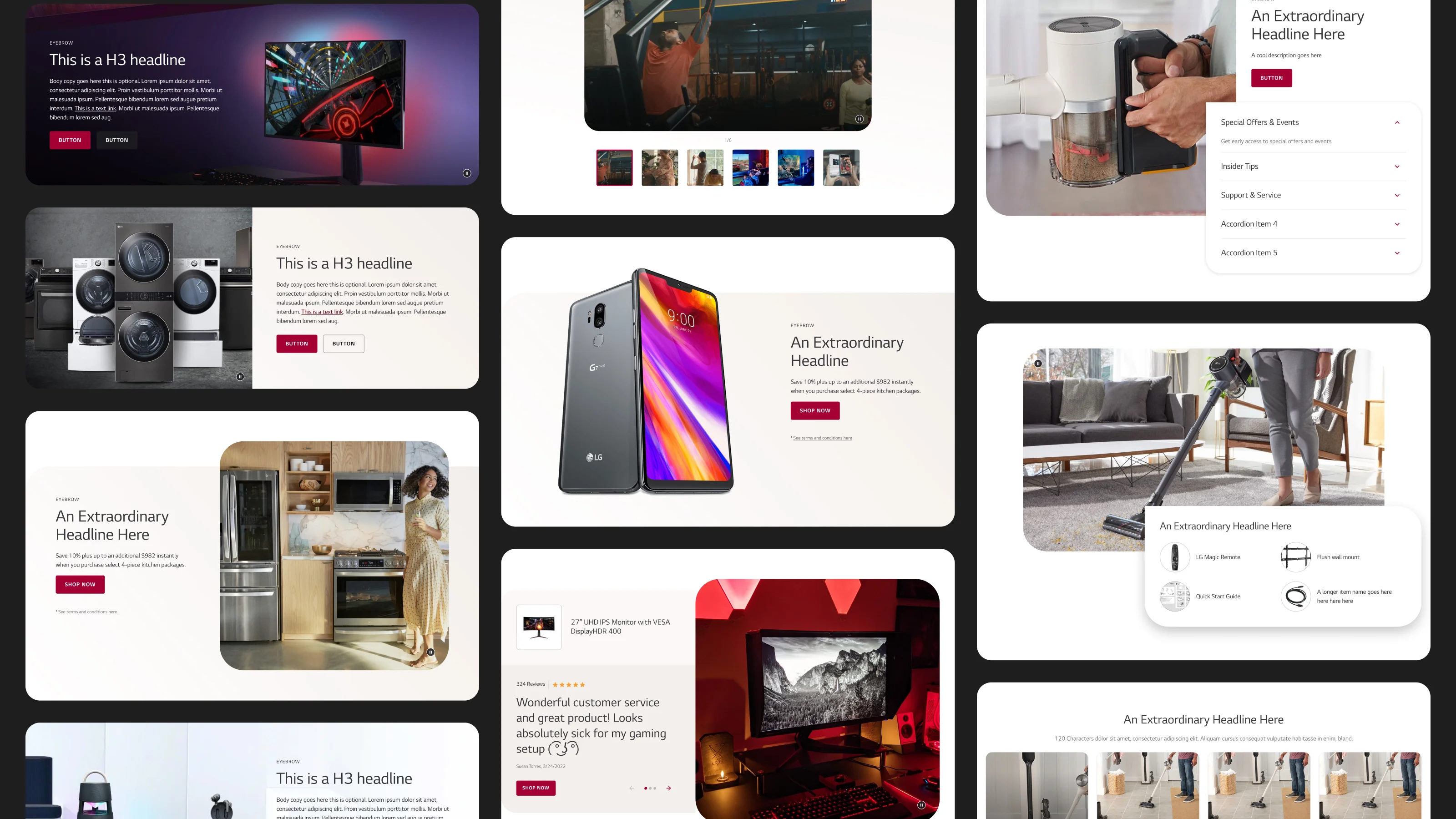 LG content module library — hero banners, product spotlights, reviews, accordions